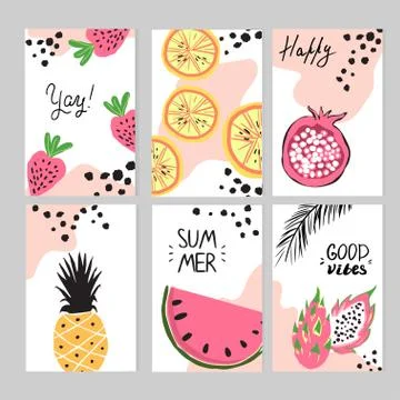 Set of abstract card templates with doodle style fruits Stock Illustration