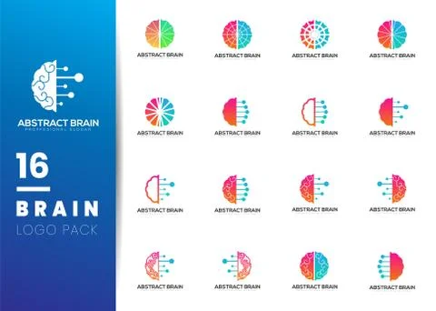 Set of Abstract colorful brain technology concept logo template isolated on w Stock Illustration