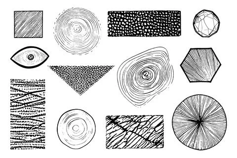 Set of abstract decoration elements, black line, circle figure isolated on white Stock Illustration