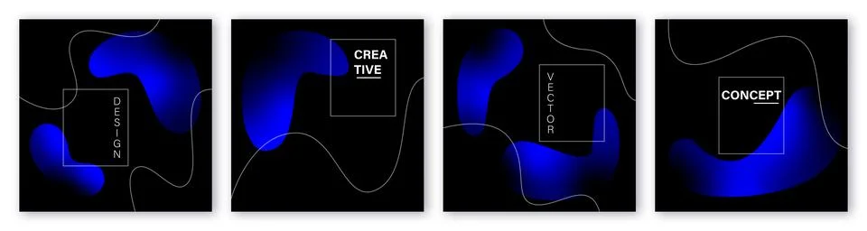 Set of abstract design neon gradient blue shapes on black background Stock Illustration