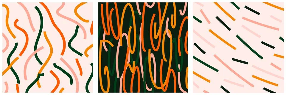 Set abstract doodle square posters. Hand drawn curved shapes of trendy colors Stock Illustration