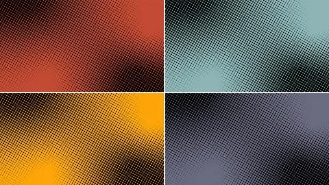 Set of abstract dotted halftone style on red, blue, yellow, purple colors bac Stock-Illustration