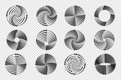 Set of abstract dotted spiral vortex. Vector illustration Stock Illustration