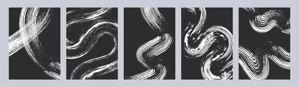 Set of abstract dynamic white brush stroke textures on dark backgrounds for Stock Illustration