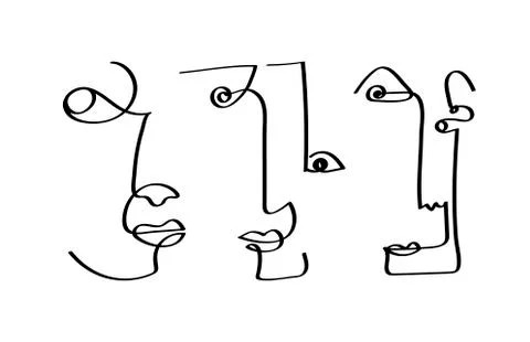 Set of abstract face one line drawing. Portrait minimalistic style. Fine one Stock Illustration