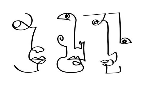 Set of abstract face one line drawing. Portrait minimalistic style. Fine one Stock Illustration