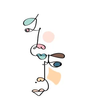 Set of abstract face one line drawing. Portrait minimalistic style. Fine one Stock Illustration