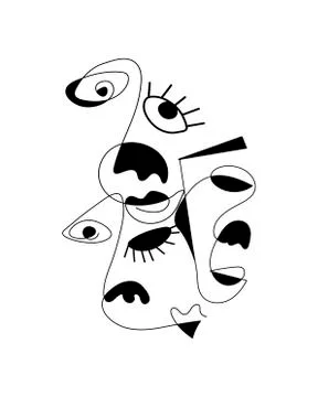 Set of abstract face one line drawing. Portrait minimalistic style. Fine one Stock Illustration