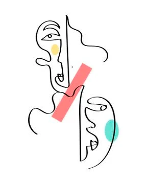 Set of abstract face one line drawing. Portrait minimalistic style. Fine one Stock Illustration