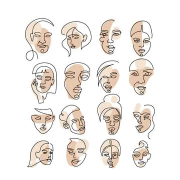 Set of abstract face one line drawing. Portrait minimalistic style. Fine one Stock Illustration