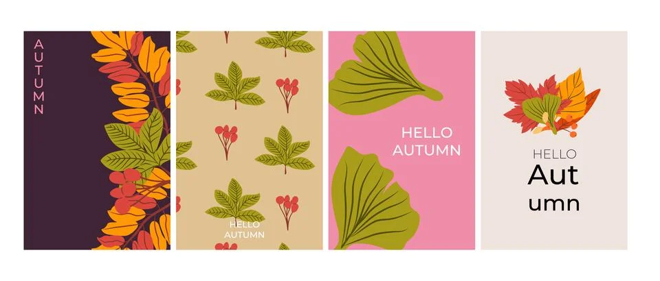 Set of abstract fall posters with oversized leaves, flowing botanical lines Stock Illustration