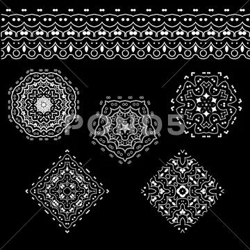 Set of abstract floral and circular patterns and borders. Mandalas. Japanese Stock Illustration
