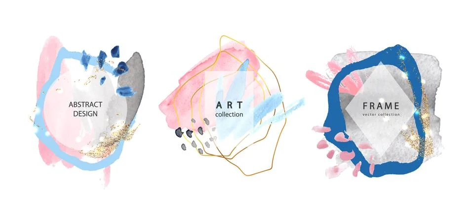 Set of abstract frames with hand drawn watercolors shapes.Minimal template for Stock Illustration