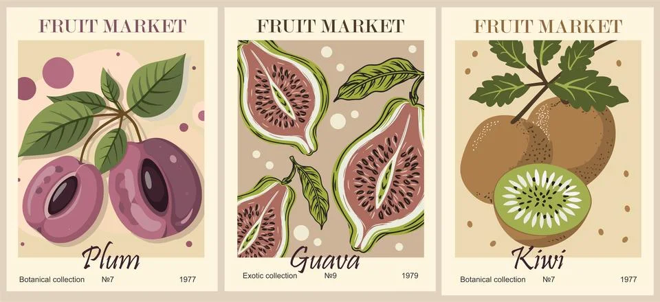 Set of abstract Fruit Market retro posters. Stock Illustration