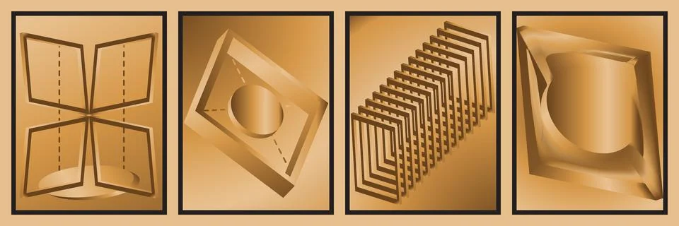 Set of abstract geometric 3d shapes and wireframe structures in gold gradient Stock Illustration