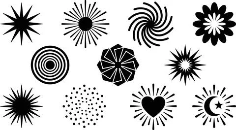 Set of abstract geometric and organic shapes in solid black on transparent .. Stock Illustration