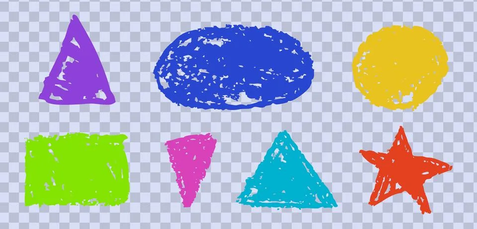 Set of abstract geometric basic shapes drawn with colored charcoal. Hand drawn Stock Illustration