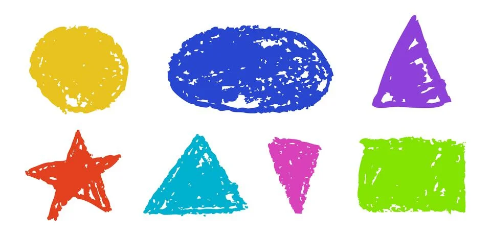 Set of abstract geometric basic shapes drawn with colored charcoal. Hand drawn 스톡 일러스트