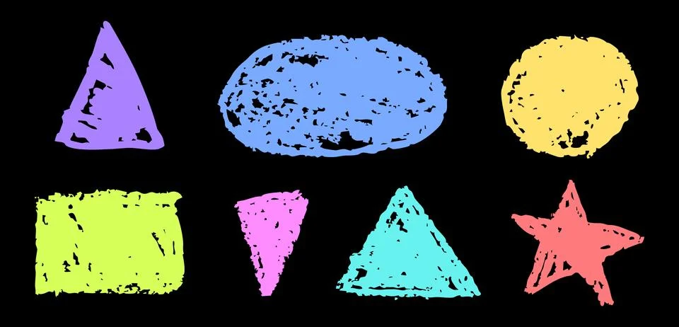 Set of abstract geometric basic shapes drawn with pastel colored charcoal. Hand Stock Illustration