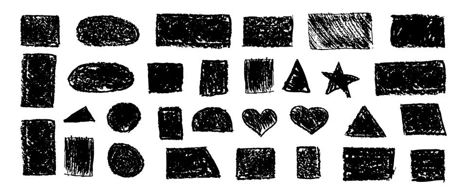 Set of abstract geometric basic shapes drawn with pastel black color or charcoal Stock Illustration
