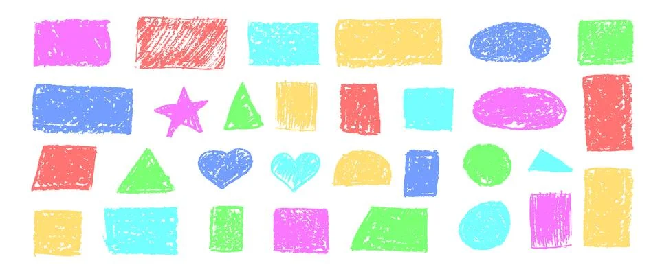 Set of abstract geometric basic shapes drawn with pastel colored charcoal. Hand 스톡 일러스트