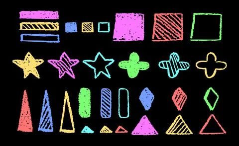 Set of abstract geometric basic shapes drawn with colorful pastel or charcoal 스톡 일러스트