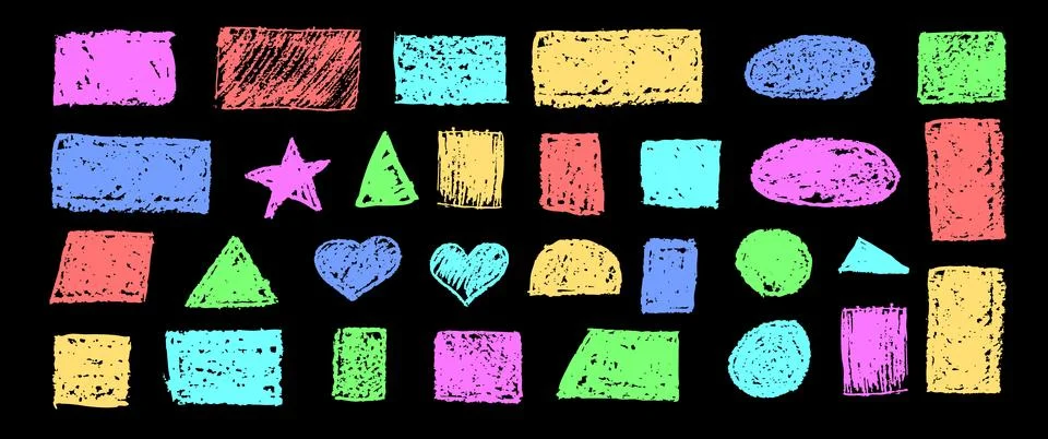 Set of abstract geometric basic shapes drawn with colored charcoal. Hand drawn 스톡 일러스트