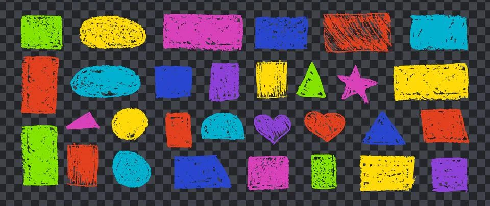 Set of abstract geometric basic shapes drawn with colored charcoal. Hand drawn Stock Illustration