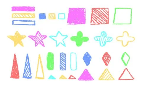 Set of abstract geometric basic shapes drawn with colorful pastel or charcoal Stock Illustration