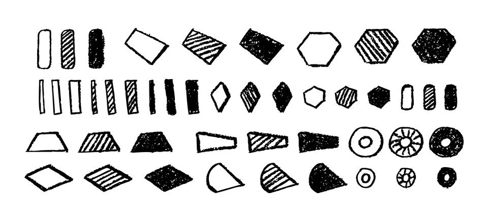 Set of abstract geometric basic shapes drawn with pastel black color or charcoal 스톡 일러스트