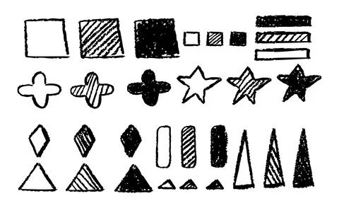 Set of abstract geometric basic shapes drawn with pastel black color or charcoal Stock Illustration