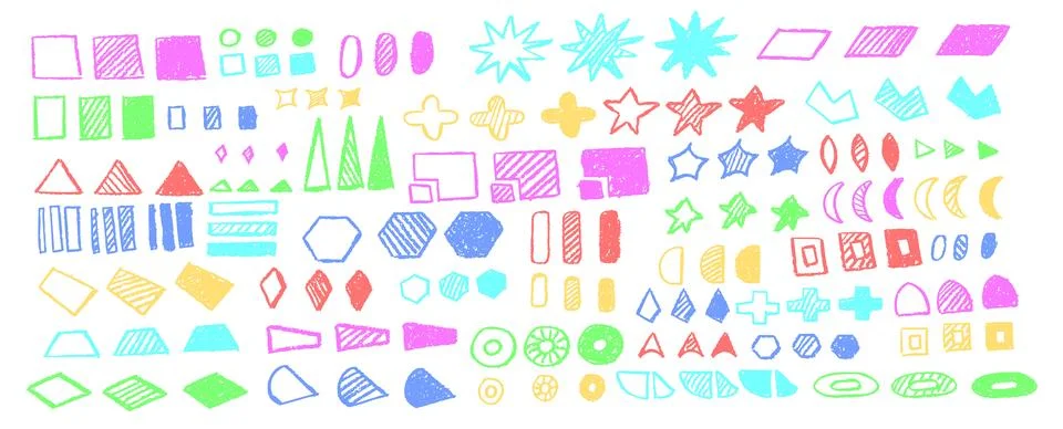 Set of abstract geometric basic shapes drawn with colorful pastel or charcoal Stock Illustration
