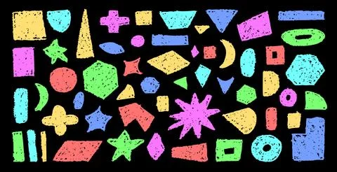 Set of abstract geometric basic shapes drawn with colorful pastel or charcoal Stock Illustration