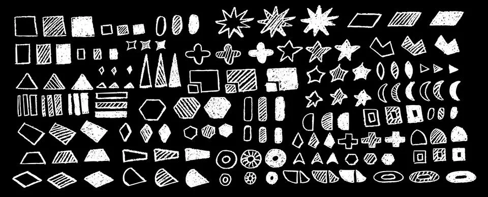 Set of abstract geometric basic shapes drawn with pastel white color or charcoal Stock Illustration