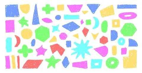 Set of abstract geometric basic shapes drawn with colorful pastel or charcoal Stock Illustration