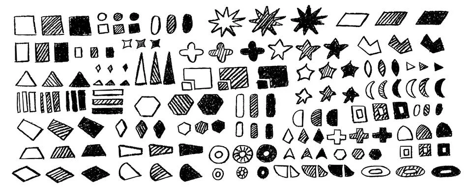 Set of abstract geometric basic shapes drawn with pastel black color or charcoal 스톡 일러스트