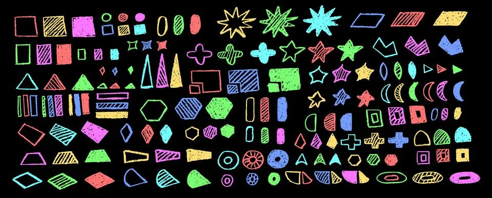 Set of abstract geometric basic shapes drawn with colorful pastel or charcoal 스톡 일러스트