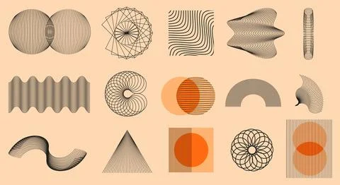 Set of abstract geometric line shapes, modern minimal 3D optical art patterns Stock Illustration
