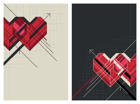 Set of abstract geometric linework of two overlapping red hearts with arrow.. Ilustração Stock