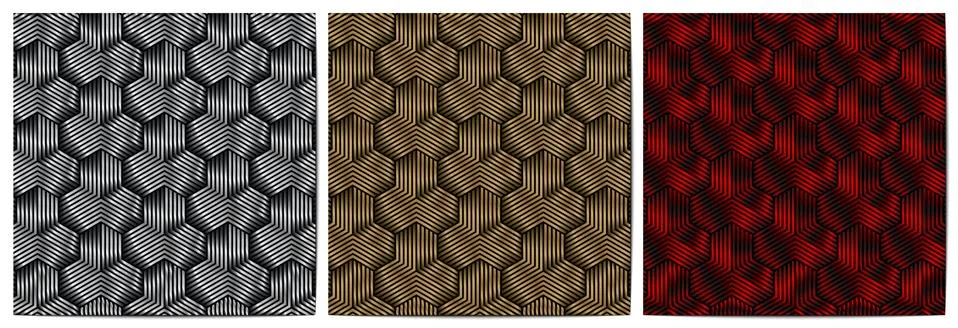 Set of abstract geometric pattern metal striped lines polygonal shape Stock Illustration