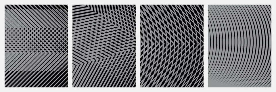 Set of abstract geometric patterns with black lines on gray background Stock Illustration