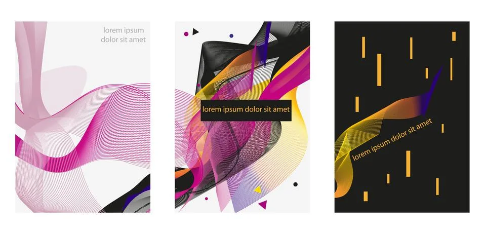 Set of abstract geometric patterns of lilac, purple, black, yellow, orange co Stock Illustration
