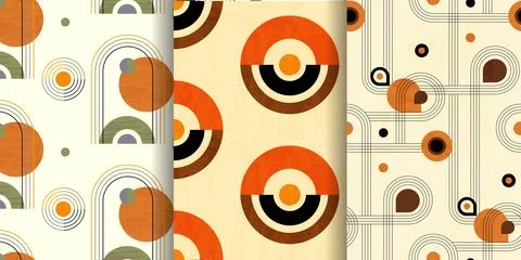 Set of abstract geometric seamless patterns with circles and semicircles in boho Stock Illustration