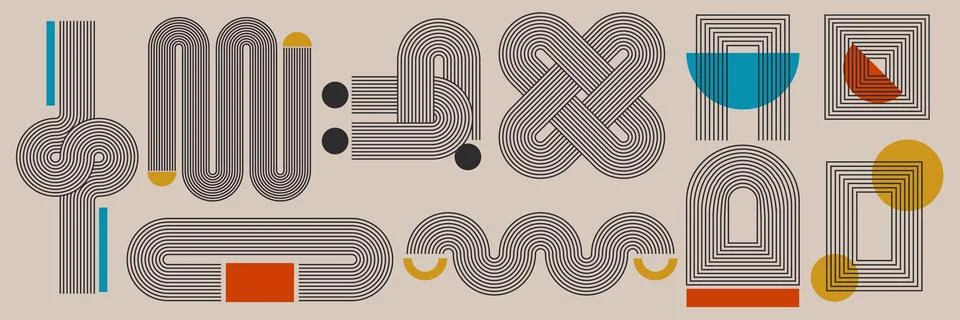 Set of abstract geometric stripy pattern with geometric shapes. Vector elem.. Stock Illustration