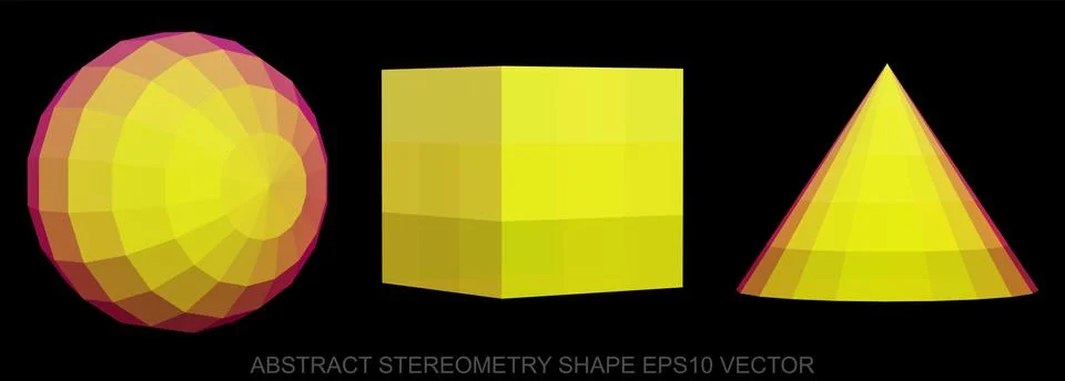 Set of Abstract geometry shape: Yellow Sphere, Cube, Cone. 3D polygonal objects Stock Illustration
