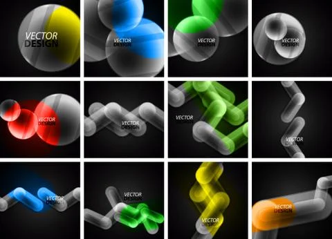 Set of abstract glass elements backgrounds in the black, technology templates Stock Illustration