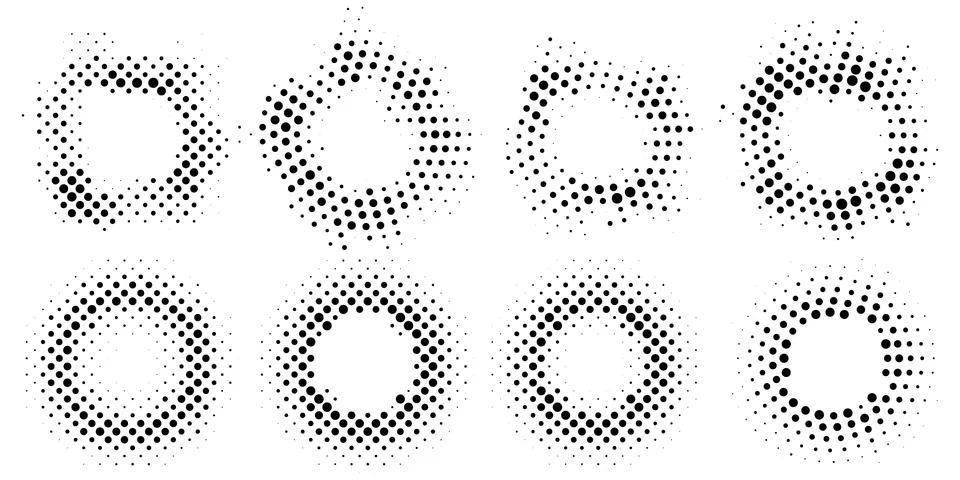 Set of abstract halftone frames. Round elements for graphic design. Retro cir Stock Illustration