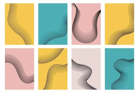 Set of abstract halftone posters. Wavy pop art cards. Dotted textures, small  Stock Illustration