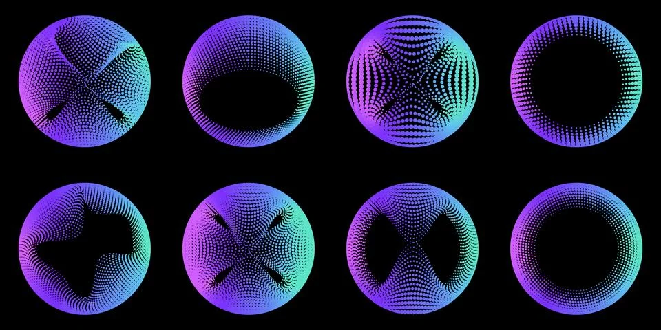 Set of abstract halftone spheres with gradient colors on black background Illustrazione stock