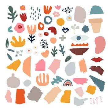 Set of abstract hand drawn shapes, flowers, floral elements, brush strokes and Stockillustratie